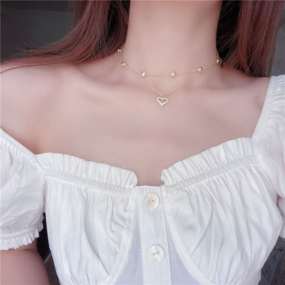 Double heart set chain gold flash diamond zircon clavicle chain