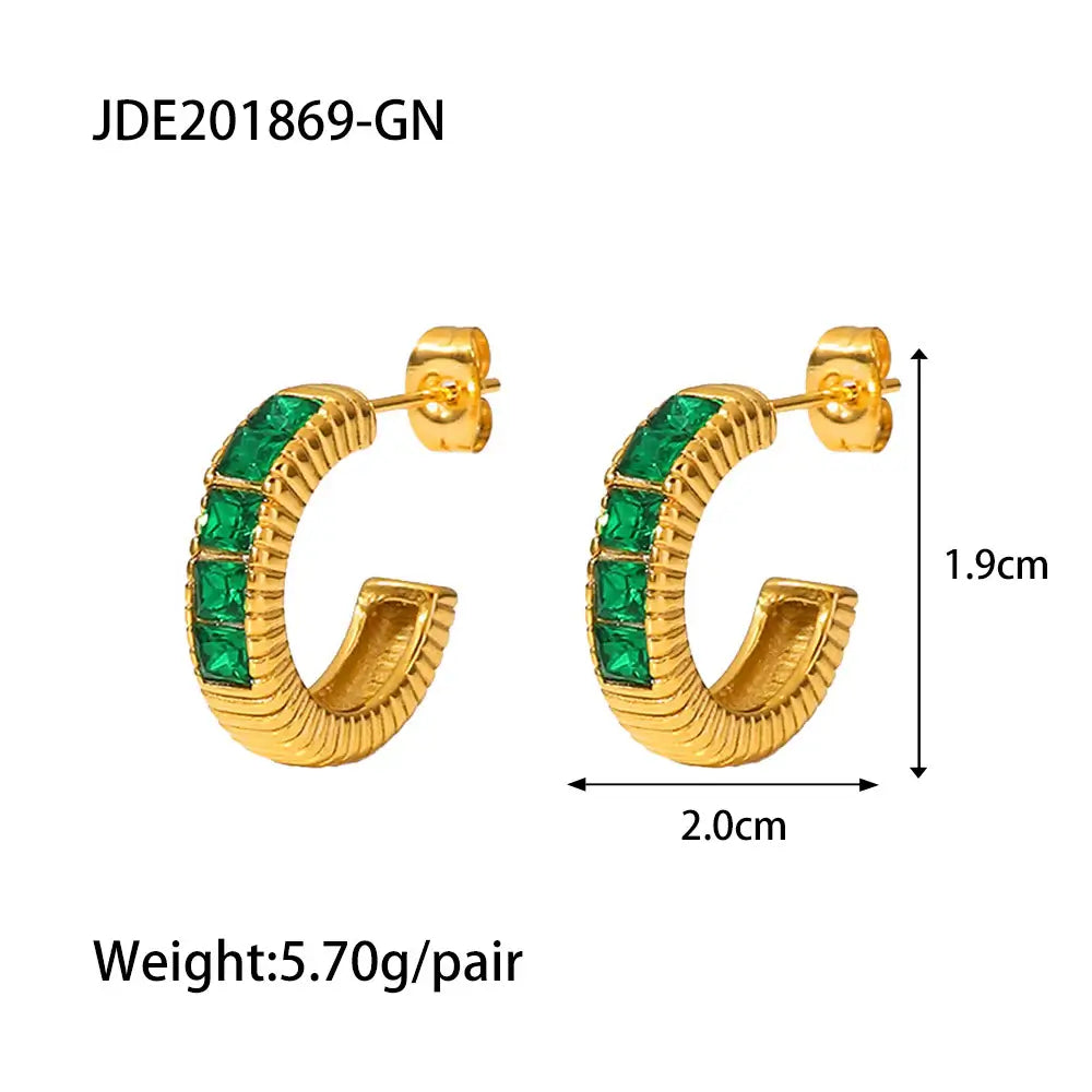 Green Cubic Zirconia C-Shaped Stud Earrings