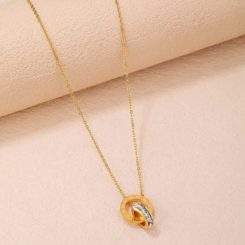 Double Ring Diamond Circle Pendant Necklace