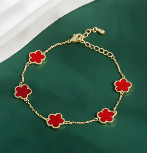 Five-Leaf Flower Bracelet - 18K Gold Plated - Red