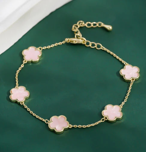 Pink five-leaf flower bracelet with 18k gold plating