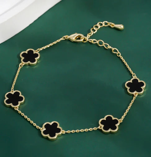 Black five-leaf flower bracelet with 18k gold plating