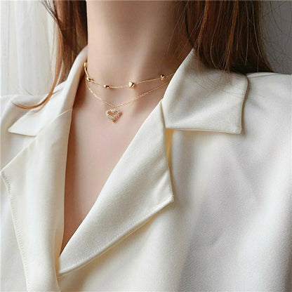 Double heart set chain gold flash diamond zircon clavicle chain