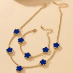 Five-leaf Clover Flower Charm Necklace And Bracelet Set – Blue