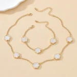 Five-leaf Clover Flower Charm Necklace And Bracelet Set – White